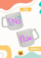 N Harfi Kelebekli Harf ve İsim Yazılı Çift Yön Baskılı Lüks Seramik Kupa Bardak Çay-kahve Bardağı - 1