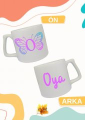 O Harfi Kelebekli Harf ve İsim Yazılı Çift Yön Baskılı Lüks Seramik Kupa Bardak Çay-kahve Bardağı - 1