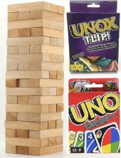 Hece 54 Parça Ahşap Jenga Denge Oyunu + Uno Kart Oyunu + Unox Flip Kart Oyunu - 1