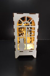 Lazer Kesim Beyaz Masa Lambası Dekoratif Mini Ahşap Abajur Pilli Peri Led 20x10 - 2
