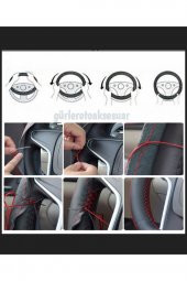 10 Adet Universal Deri Dikmeli Direksiyon Kılıfı Soft Siyah Deri-Yeşil İpli (38,10CM) - 3