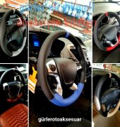 Nissan Primera Uyumlu Deri Dikmeli Direksiyon Kılıfı İki Renkli Yüzüklü Kırmızı A+Plus thumbnail 1