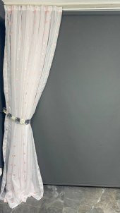 TERGAL PEMBE KARELİ BEYAZ RENK TEK KANAT Hazır Dikilmiş Pileli Fon Perde 300*260 Cm thumbnail 5