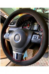 Volkswagen Polo 2017> Uyumlu Alkantra Dikmeli Direksiyon Kılıfı Kırmızı Ipli thumbnail 1