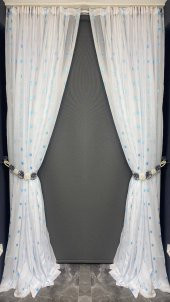 TERGAL TURKUAZ KARELİ BEYAZ RENK TEK KANAT Hazır Dikilmiş Pileli Fon Perde 300*260 Cm thumbnail 6