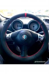 Alfa Romeo Uyumlu Dikmeli Direksiyon Kılıfı Alkantra-karbon Kırmızı Yüzüklü - 1