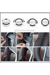 Dacia Logan Uyumlu Dikmeli Direksiyon Kılıfı Alkantra Karbon Kırmızı Yüzüklü thumbnail 4