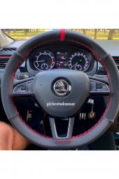 Skoda Scala Uyumlu Dikmeli Direksiyon Kılıfı Alkantra Karbon Kırmızı Yüzüklü thumbnail 1