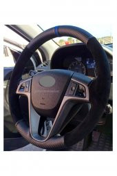 Hyundai I20 Uyumlu Dikmeli Direksiyon Kılıfı Alkantra Karbon Mavi Yüzüklü - 1