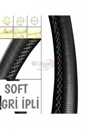 Universal Dikmeli Direksiyon Kılıfı Soft Siyah Deri-gri Ipli (38cm-10cm) - 2