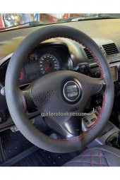 Seat Ibiza Deri Dikmeli Direksiyon Kılıfı Soft Kırmızı Ipli 10cm A+ Plus thumbnail 1