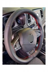 Renault Clio Symbol 2013+ Dikmeli Deri Direksiyon Kılıfı Siyah Deri Kırmızı İpli (11CM) - 2