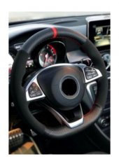 Renault Megane 2 Uyumlu Kırmızı Yüzüklü Nubuk Karbon Dikmeli Dikme Direksiyon Kılıfı - 1