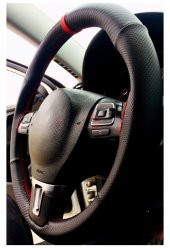 Universal Noktalı Karbon Dikmeli Direksiyon Kılıfı Kırmızı Yüzüklü-kırmızı Ipli - 1