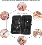 12 Parça Manikür Pedikür Seti Paslanmaz Çelik, Çantalı Siyah Tırnak Makası Bakım Seti - 3