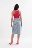 Kadın Kargo Cepli Önden Yırtmaçlı Jean Etek Buz Mavi - 8