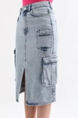 Kadın Kargo Cepli Önden Yırtmaçlı Jean Etek Buz Mavi - 9