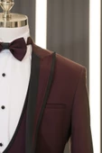 Slimfit Armürlü Kırlangıç Çıkmalı Yaka Yelekli Papyonlu Smokin Takım Elbise - 3