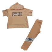 YAVRUCAK STREET WEAR BASKILI KAPŞONLU TAYTLI KIZ ÇOCUK TAKIM - 1