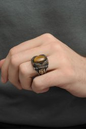 Kaplan Gözü Taşlı Selçuklu Kartalı 925 Gümüş Erkek Yüzük thumbnail 5