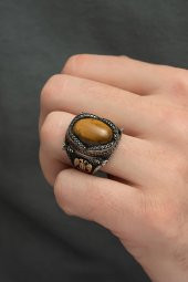 Kaplan Gözü Taşlı Selçuklu Kartalı 925 Gümüş Erkek Yüzük thumbnail 7