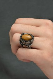 Kaplan Gözü Taşlı Selçuklu Kartalı 925 Gümüş Erkek Yüzük thumbnail 8