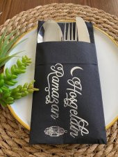 Gümüş Yaldızlı Siyah Hoş Geldin Ramazan Cepli Peçete 12 lı 40x40 - 1