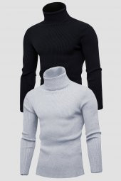 Unisex 2’li Hazır Paket Siyah - Gri Balıkçı Yaka Kaşkorse Şardonlu Slimfit Boğazlı Kazak - 1