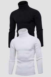 Unisex 2’li Hazır Paket Siyah - Beyaz Balıkçı Yaka Kaşkorse Şardonlu Slimfit Boğazlı Kazak - 1