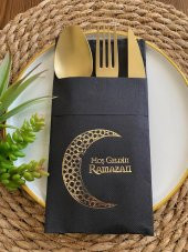 Gold Yaldızlı Siyah Hoş Geldin Ramazan Ay Desenli Cepli  Peçete 12 li 40x40 - 1