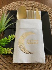 Gold Yaldızlı Beyaz Hoş Geldin Ramazan Ay Desenli Cepli Touch Peçete 12 li 40x40 - 1