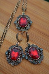 STONEAGE Yakut ve Zirkon Taşlı Kolye ve Küpe Set Takım - 3