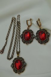 STONEAGE Yakut ve Zirkon Taşlı Kolye ve Küpe Set Takım - 7