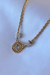 316L Çelik Gold Renk Lotus Model Zirkon Taşlı Burgu Zincir Kadın Kolye thumbnail 1