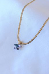 316L Çelik Gold Renk İtalyan Zincir Model Kristal Deniz Yıldız Model Kadın Kolye thumbnail 2