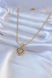 316L Çelik Gold Renk İtalyan Zincir Model Zirkon Taşlı Kalp Model Kadın Kolye thumbnail 2