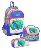 Coral High Kız Üç Bölmeli Okul Sırt Çantası Beslenme Çantası ve Kalemlik Seti Mavi Yeşil Tavuskuşu thumbnail 1