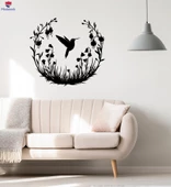 Çiçekler Oturma Odası ile Sinek Kuşu, Yatak Odası Duvar Sticker Doğa Uçan Kuş Çember Çıkartmalar thumbnail 1