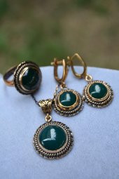 STONEAGE JEWELLERY Yeşil Akik Doğal Taş Tam Set - 1