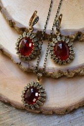 STONEAGE Yakut Taşlı Kolye Küpe Set Zincir Hediyeli - 1