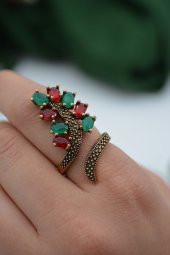 STONEAGE Bayan Ayarlanabilir Yakut ve Zümrüt Taşlı Yüzük - 2