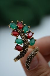 STONEAGE Bayan Ayarlanabilir Yakut ve Zümrüt Taşlı Yüzük - 4