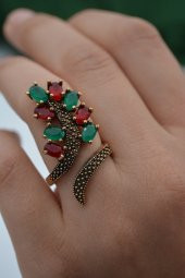 STONEAGE Bayan Ayarlanabilir Yakut ve Zümrüt Taşlı Yüzük - 5