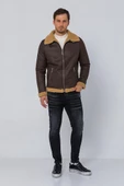 Erkek Regular Fit İçi Yünlü Fermuar Detaylı Deri İşçilikli Klasik Napa Deri Mont - 7