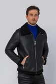 Erkek Regular Fit İçi Yünlü Fermuar Detaylı Deri İşçilikli Klasik Napa Deri Mont - 1