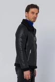 Erkek Regular Fit İçi Yünlü Fermuar Detaylı Deri İşçilikli Klasik Napa Deri Mont - 4