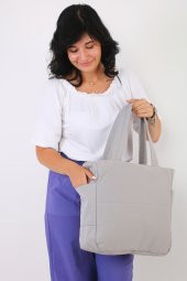 Soobepark 3 Bölmeli Shopper Puf Kumaş Kadın Omuz ve El Çantası Gri - 4