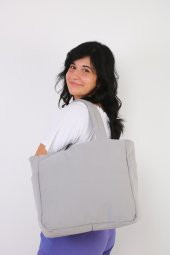 Soobepark 3 Bölmeli Shopper Puf Kumaş Kadın Omuz ve El Çantası Gri - 5