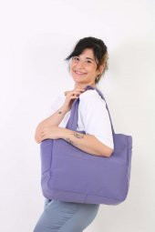 Soobepark 3 Bölmeli Shopper Puf Kumaş Kadın Omuz ve El Çantası Lila - 2