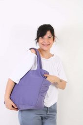 Soobepark 3 Bölmeli Shopper Puf Kumaş Kadın Omuz ve El Çantası Lila - 3